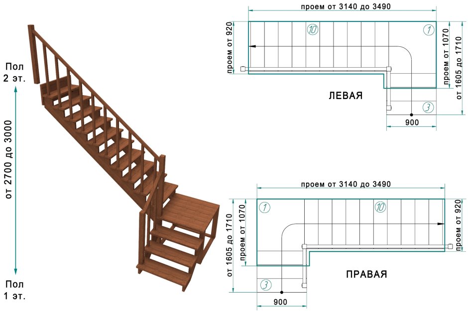 Лестница деревянная забежная конструкция