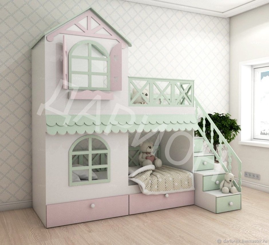 Детская кровать домик с лестницей