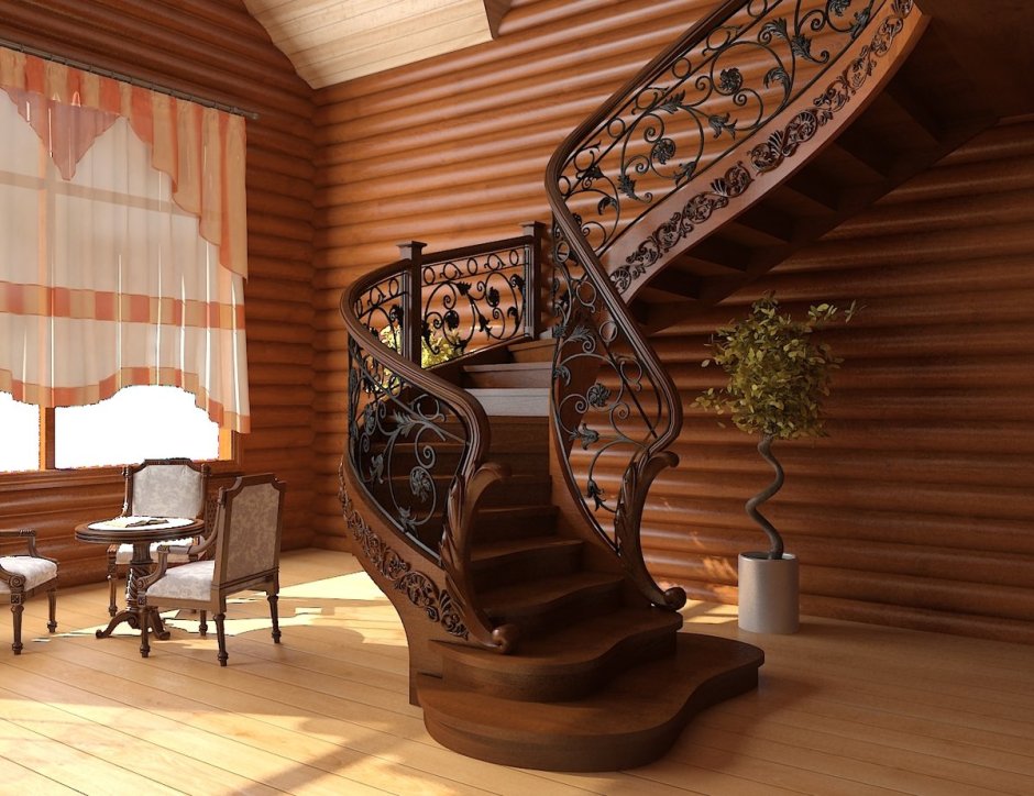 Деревянная лестница в интерьере