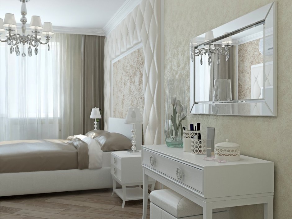 Бежевая спальня с белой мебелью