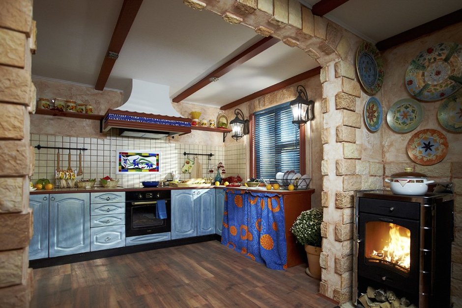 Кухня гостинная 15м стиль Кантри