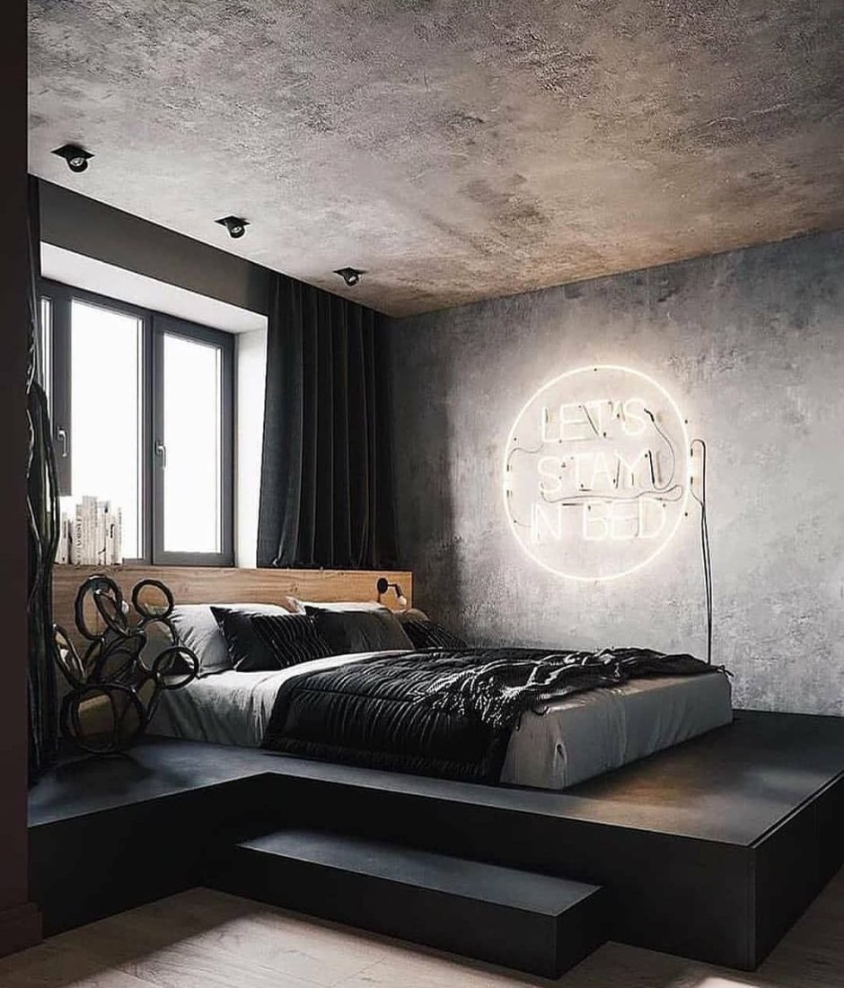 Спальня с бетонными стенами