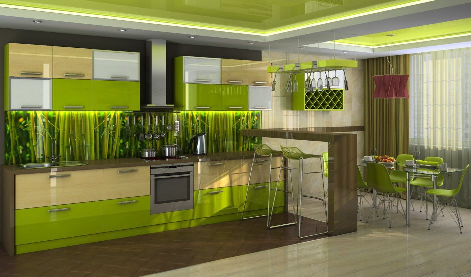 Экостиль кухня светлое дерево зеленый