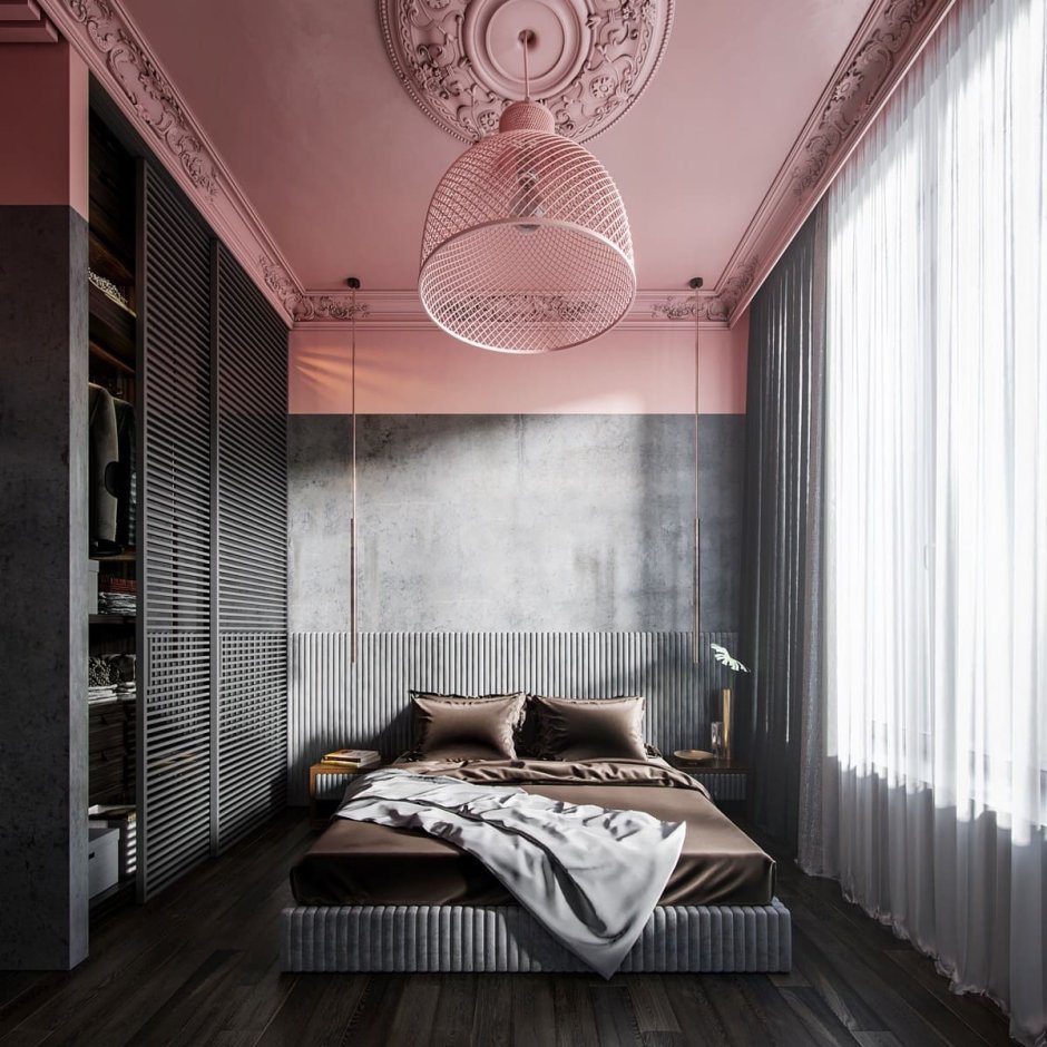 Серый потолок в спальне