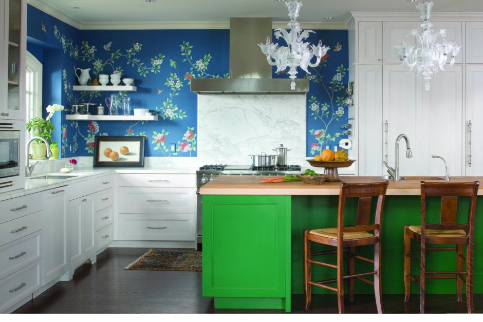 Синий цвет стен на кухне
