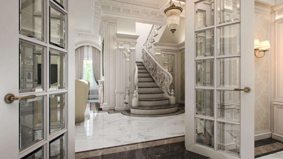 Холл с лестницей в классическом стиле