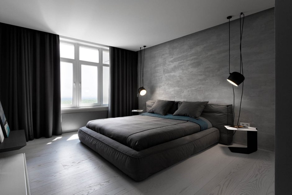 Спальня с черной мебелью в скандинавском стиле