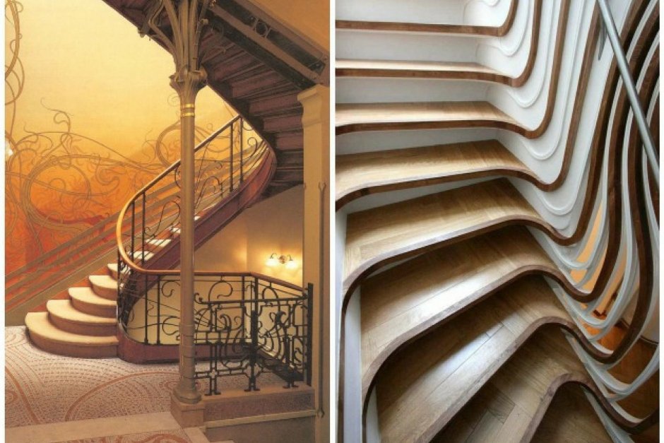 Стеклянная лестница с деревянными ступенями