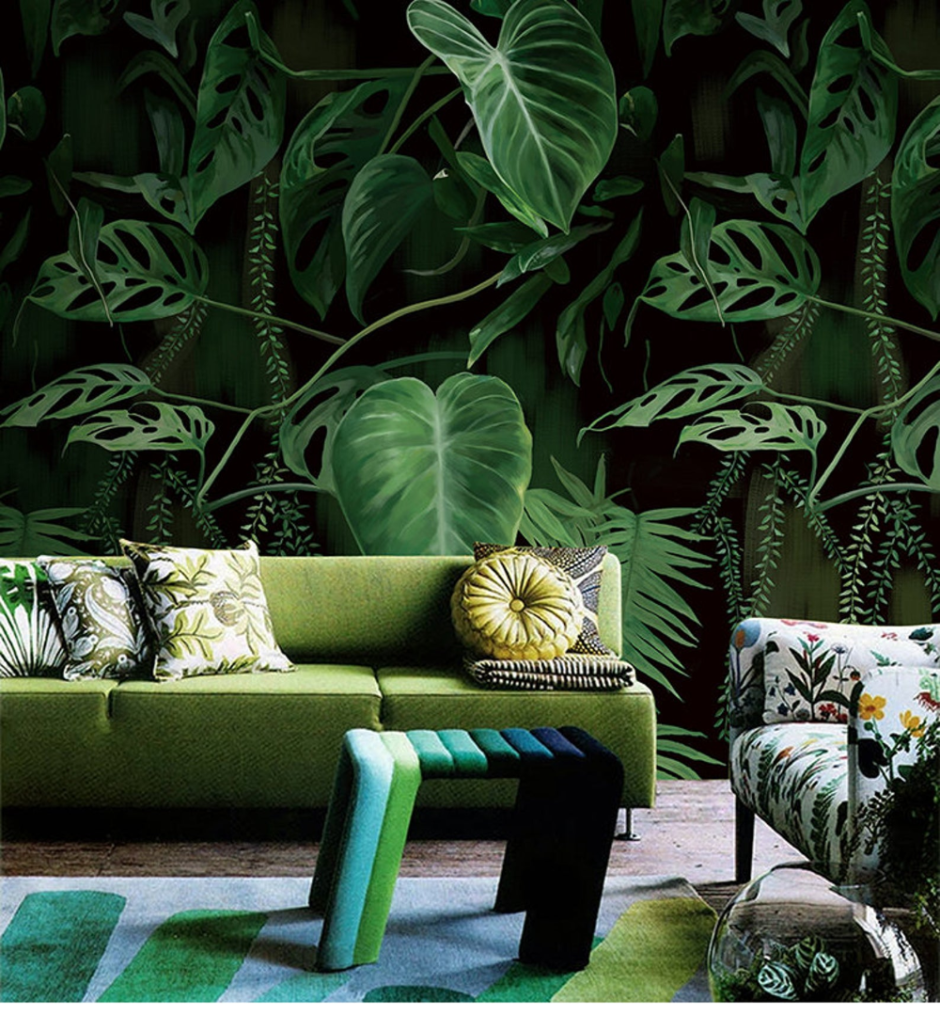 Фотообои листья в интерьере гостиной