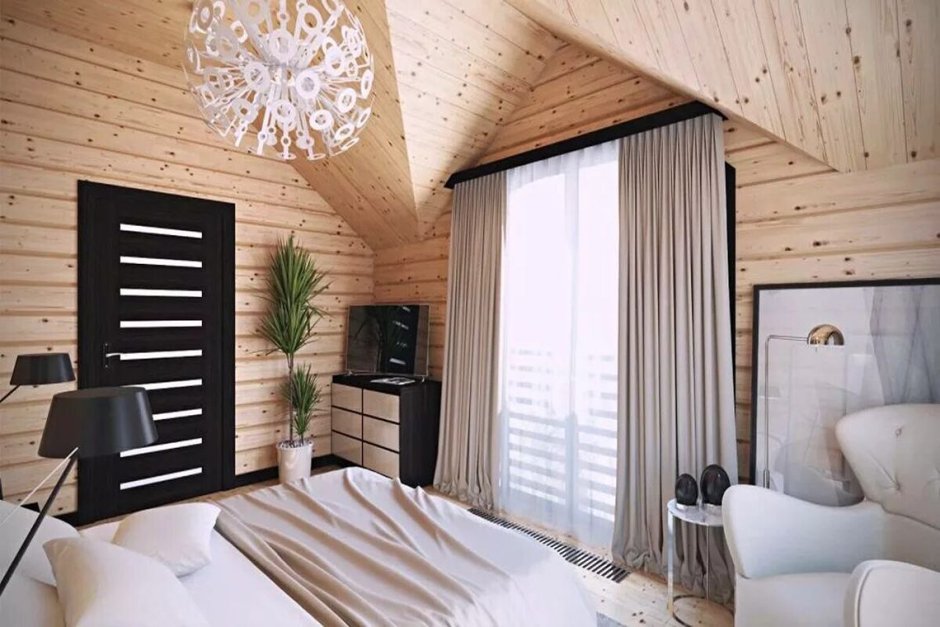 Современная спальня в доме из бруса