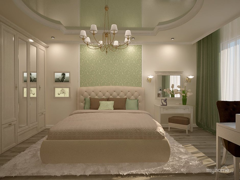 Интерьер спальни в итальянском стиле в зеленых тонах