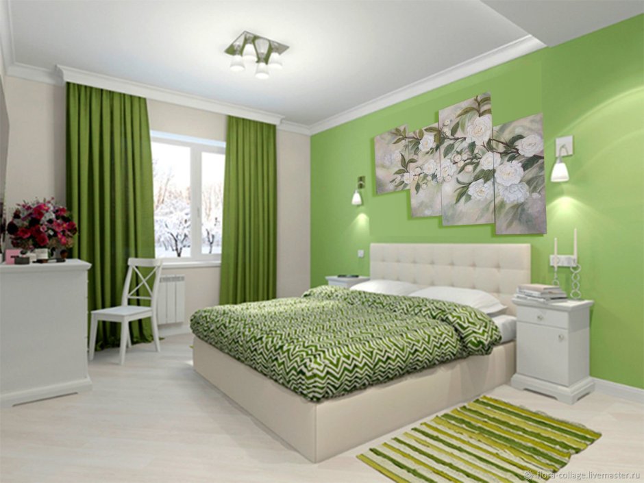 Бежево зеленая спальня