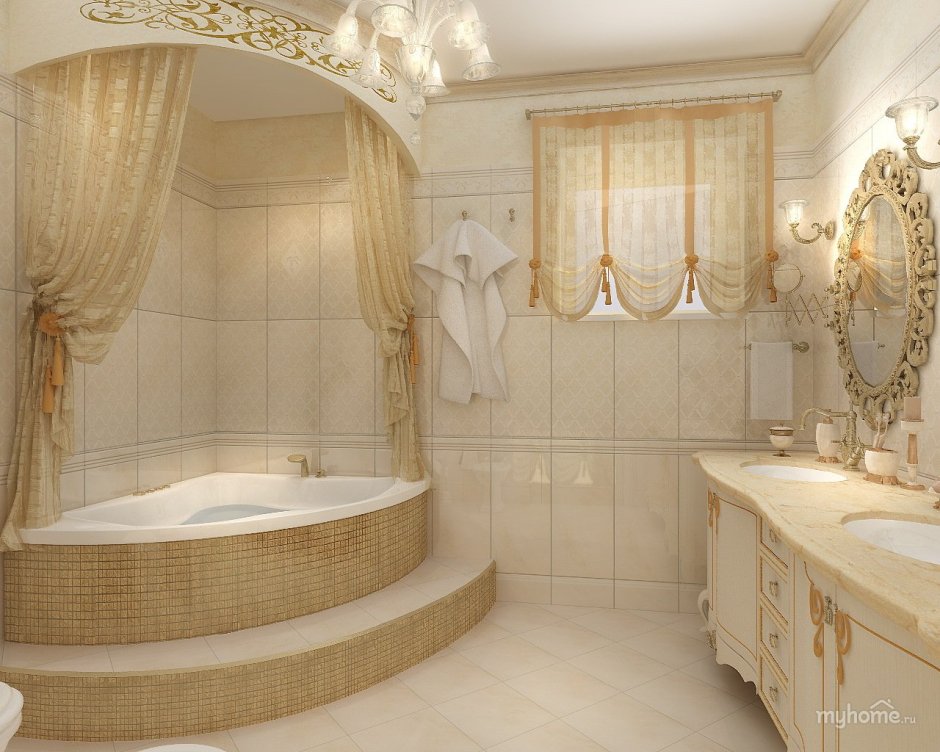 Ванная с угловой ванной в классическом стиле