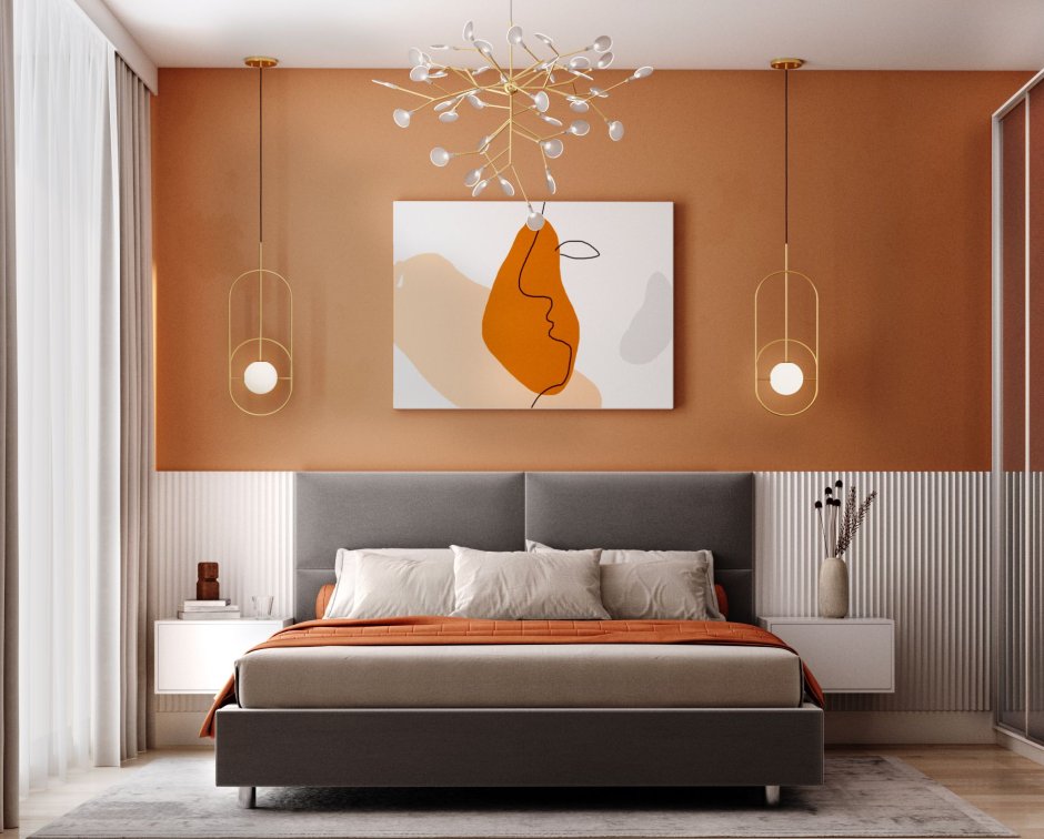 Спальня с оранжевыми акцентами