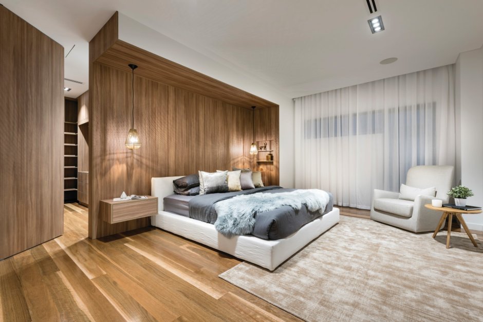 Спальня в современном стиле с элементами дерева