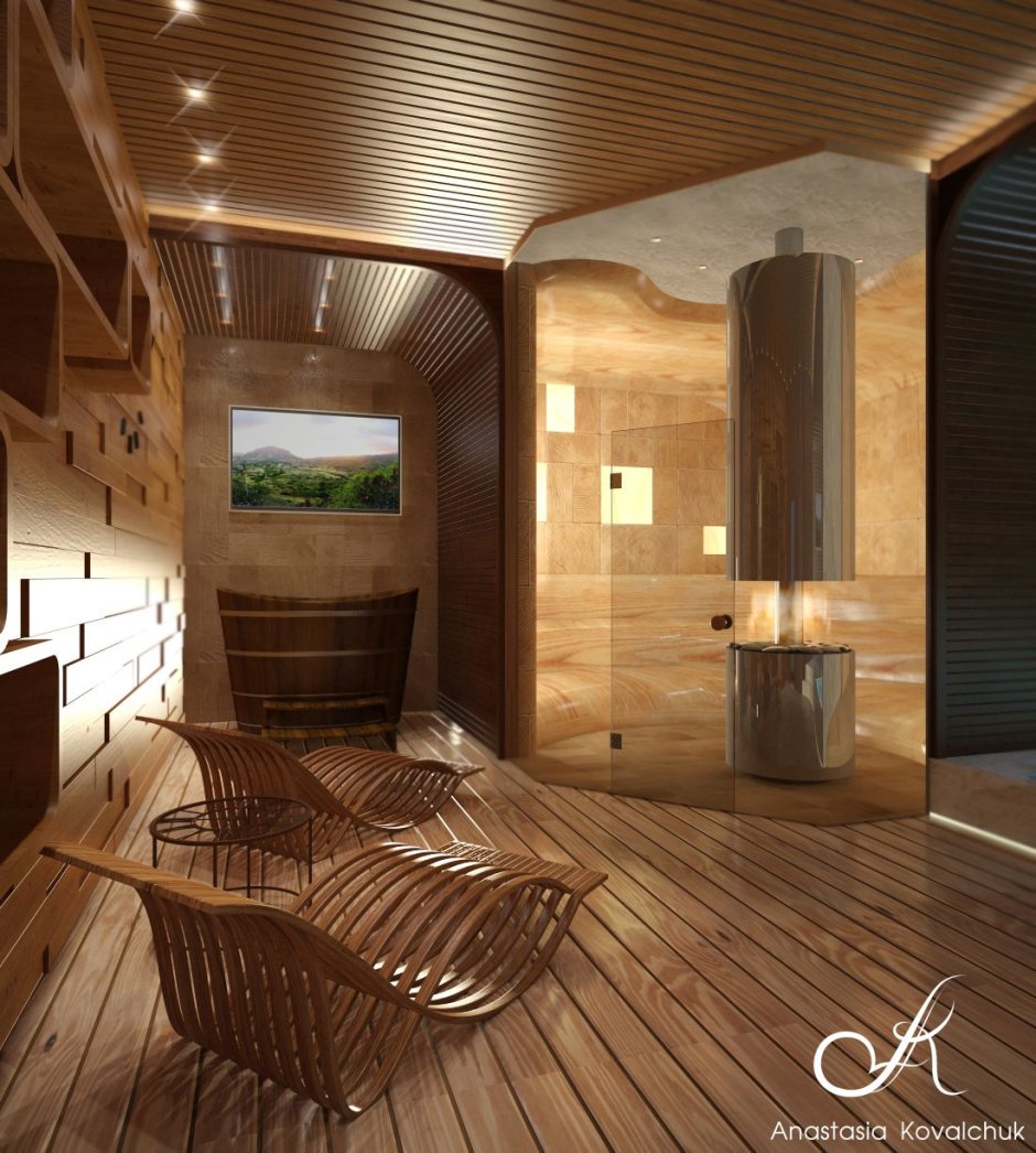 Ванная комната с сауной в скандинавском стиле