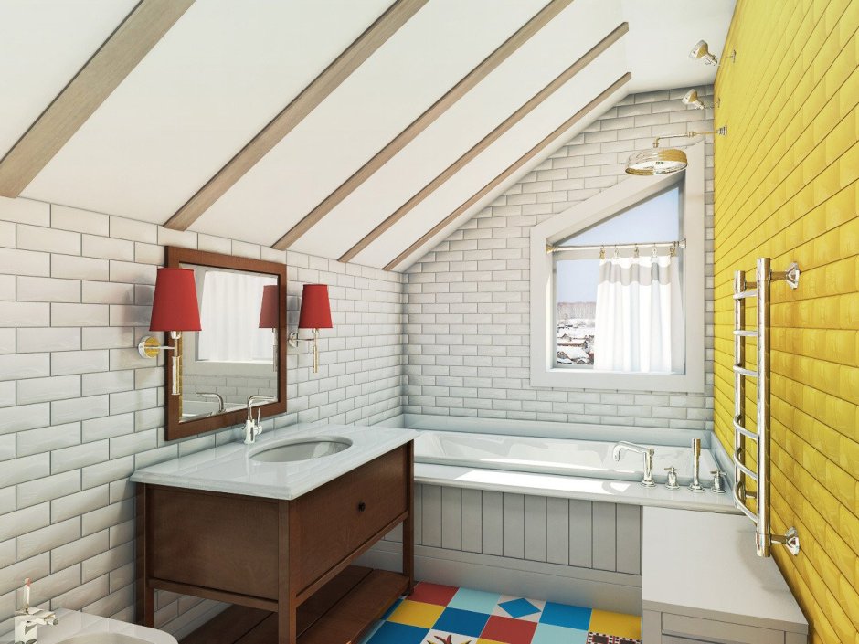 Ванная комната в скандинавском стиле в деревянном доме
