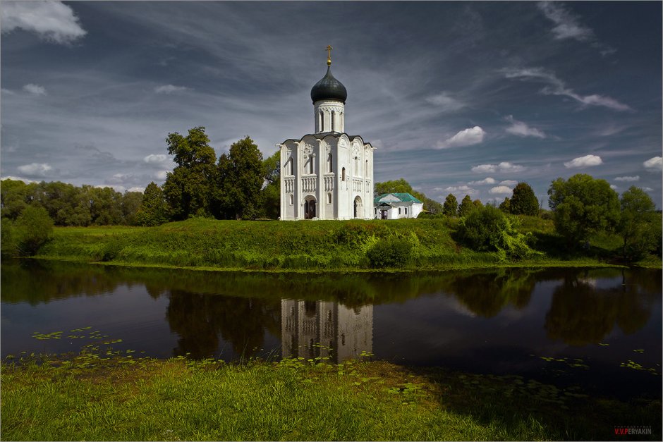 Russian White Christian Temple in Village