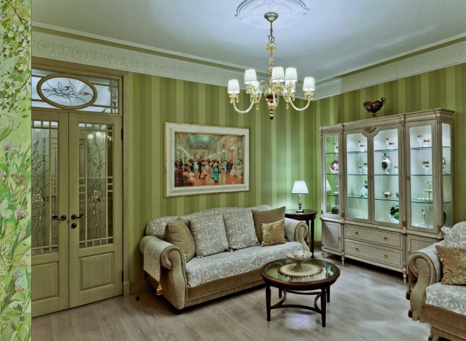 Гостиная в зеленых тонах в классическом стиле