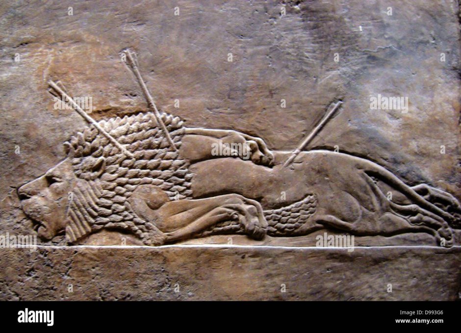 Раненая львица рельеф из дворца Ашшурбанапала