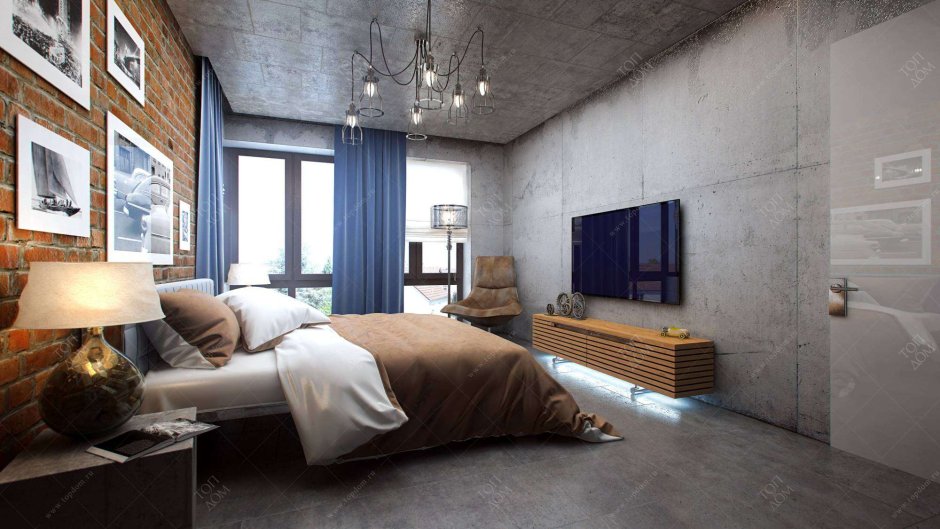 Интерьер спальни в стиле лофт с белым кирпичом