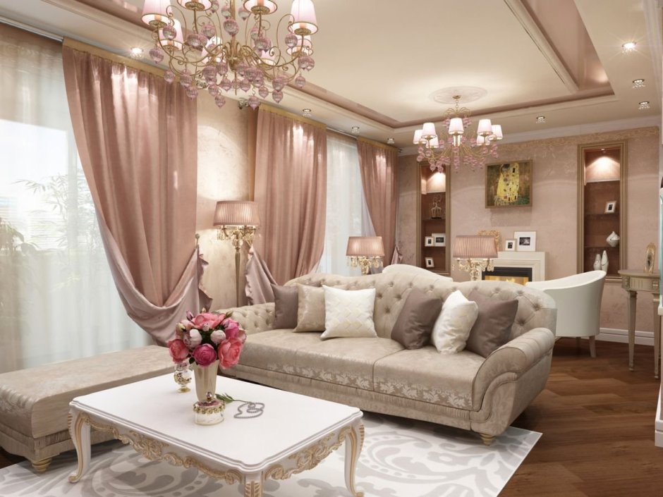 Гостиная в розовых тонах в классическом стиле