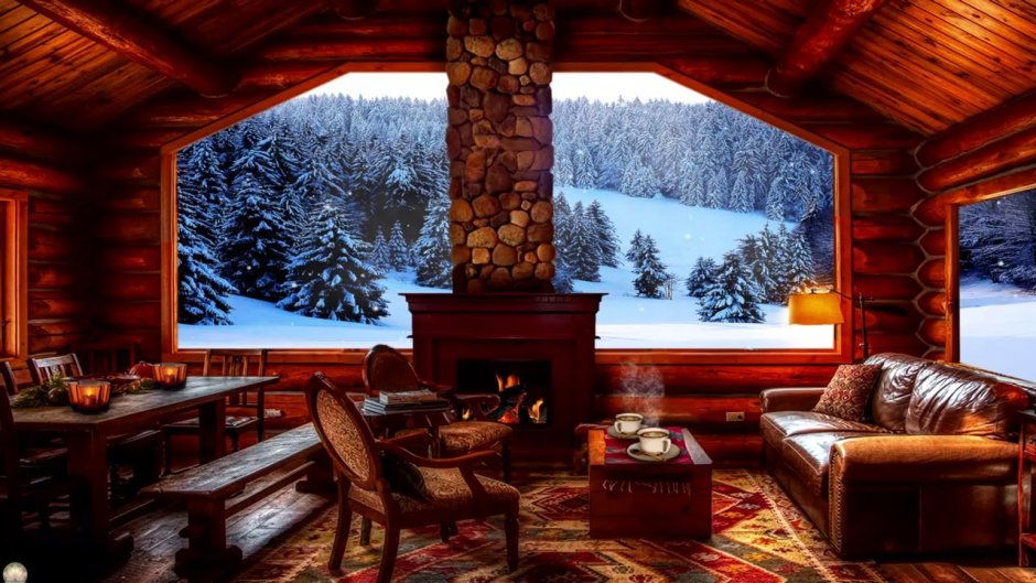 Зимний домик в лесу с камином
