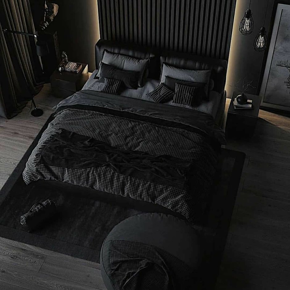 Спальня в черных тонах с подсветкой