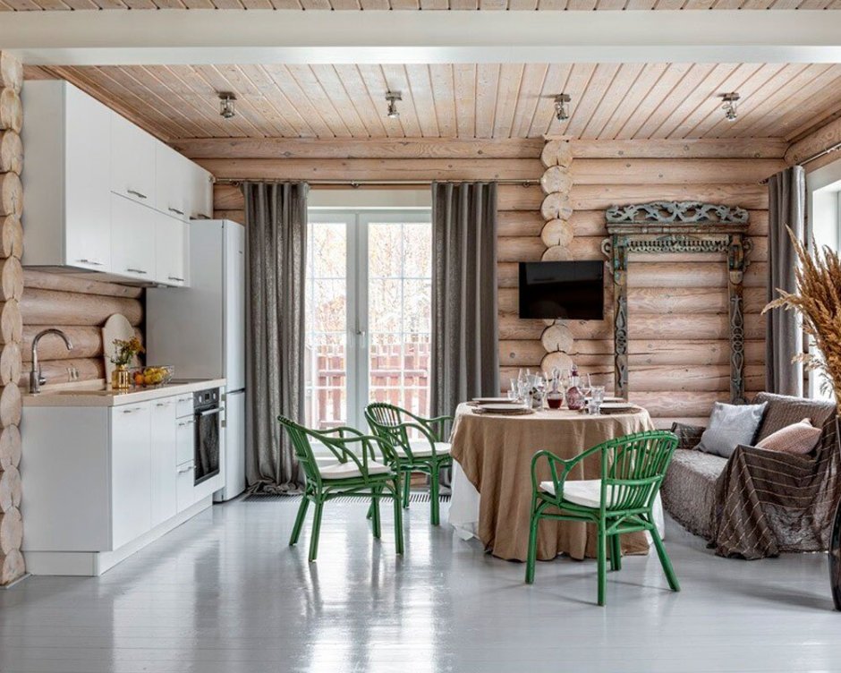 Кухня в скандинавском стиле в деревянном доме