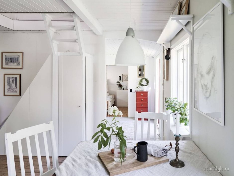 Загородный дом интерьер гостиной с кухней в скандинавском стиле