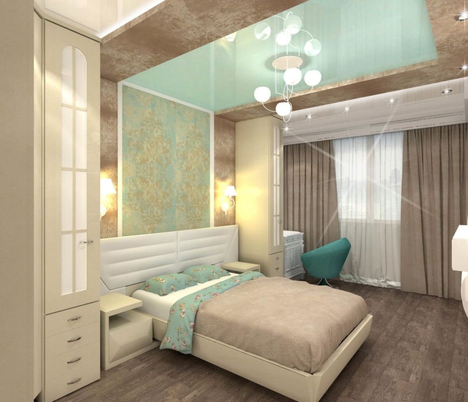 Дизайн спальни прямоугольной формы с балконом