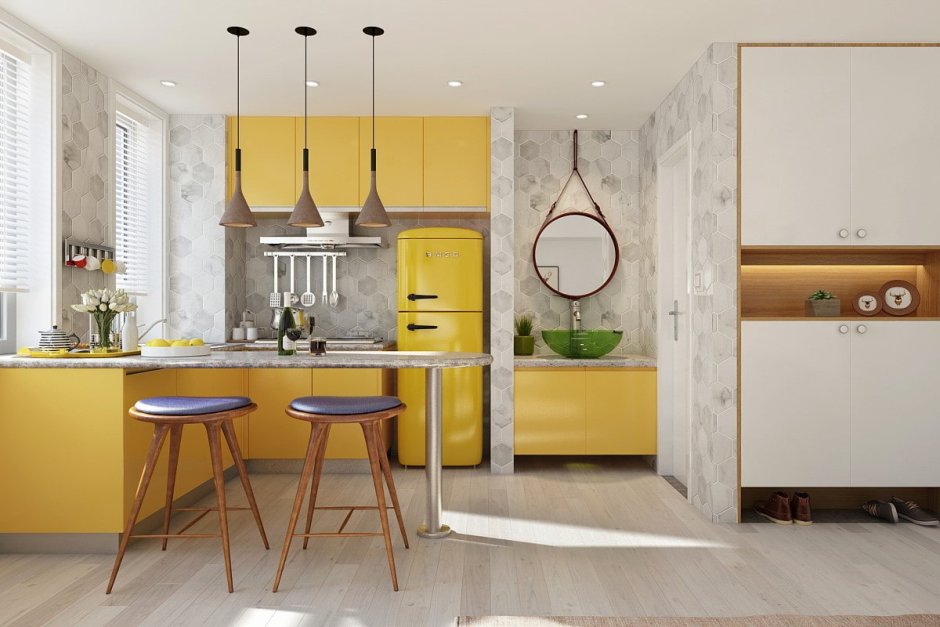Белая кухня желтые стены