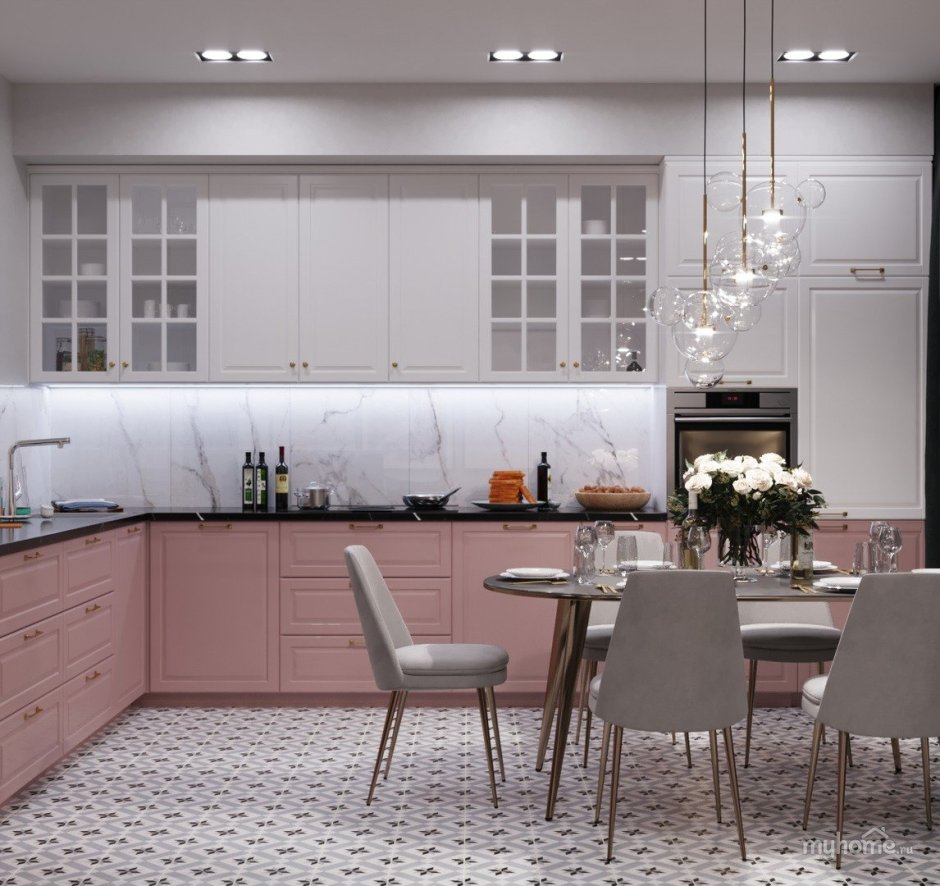Кухня в серо-розовых тонах