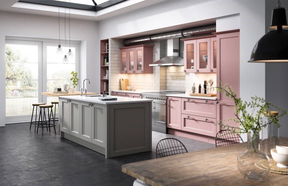 Серо розовый цвет в интерьере кухни
