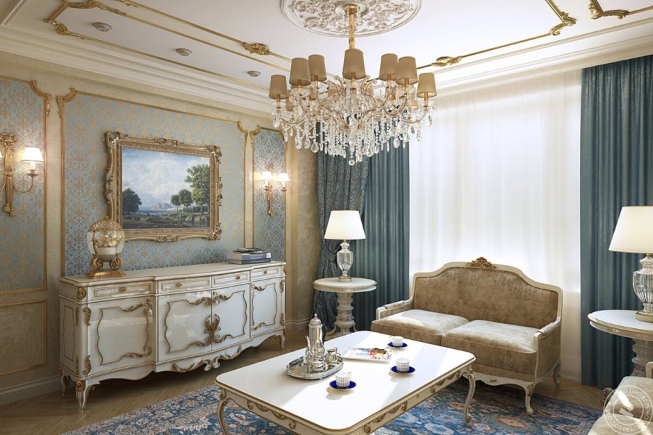 Сиреневые шторы в интерьере гостиной в классическом стиле