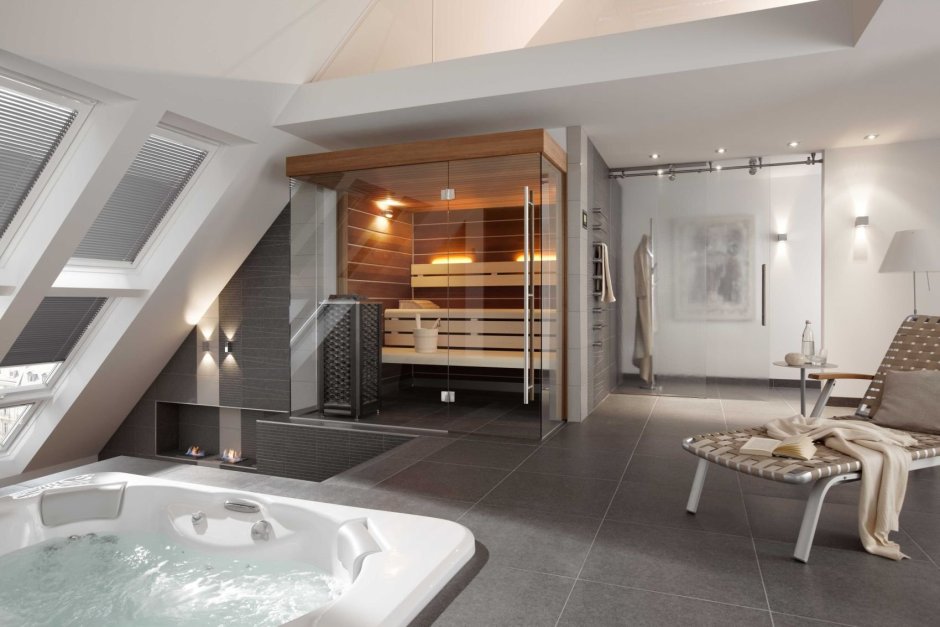 Ванная комната с сауной в скандинавском стиле