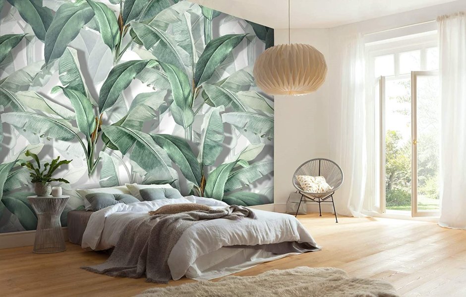 Листья пальмы обои в интерьере спальни