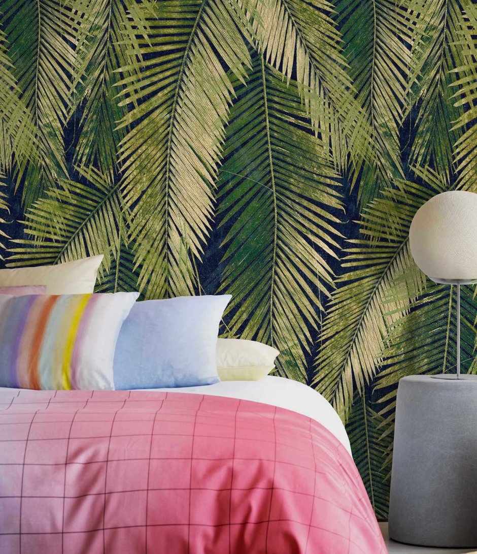 Комната девушки дизайн зеленый экзотика пальмы
