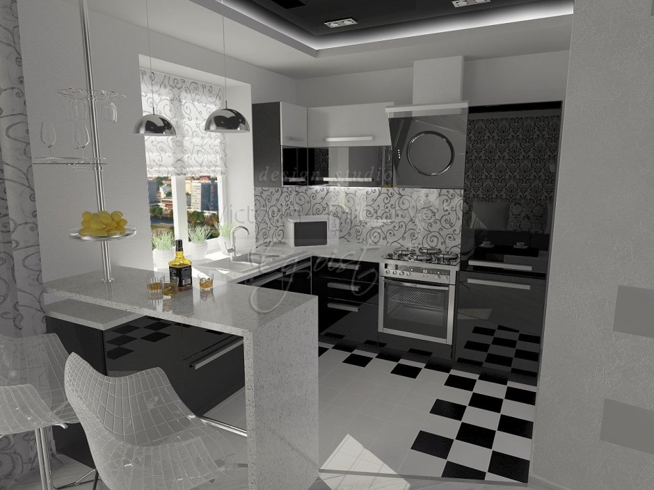 Бело черная кухня гостиная