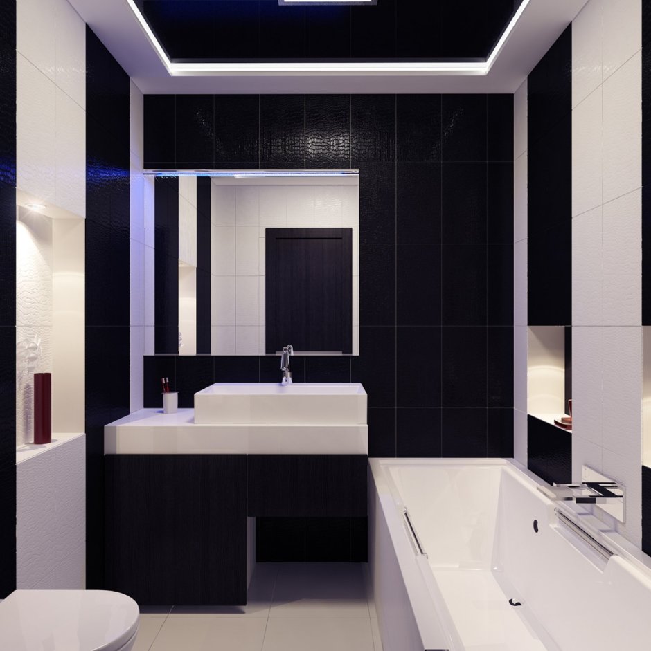 Темный интерьер ванной комнаты