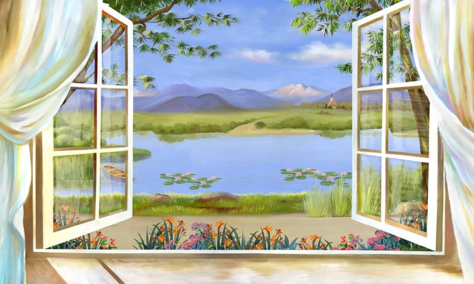 Стол у окна с цветами на фоне