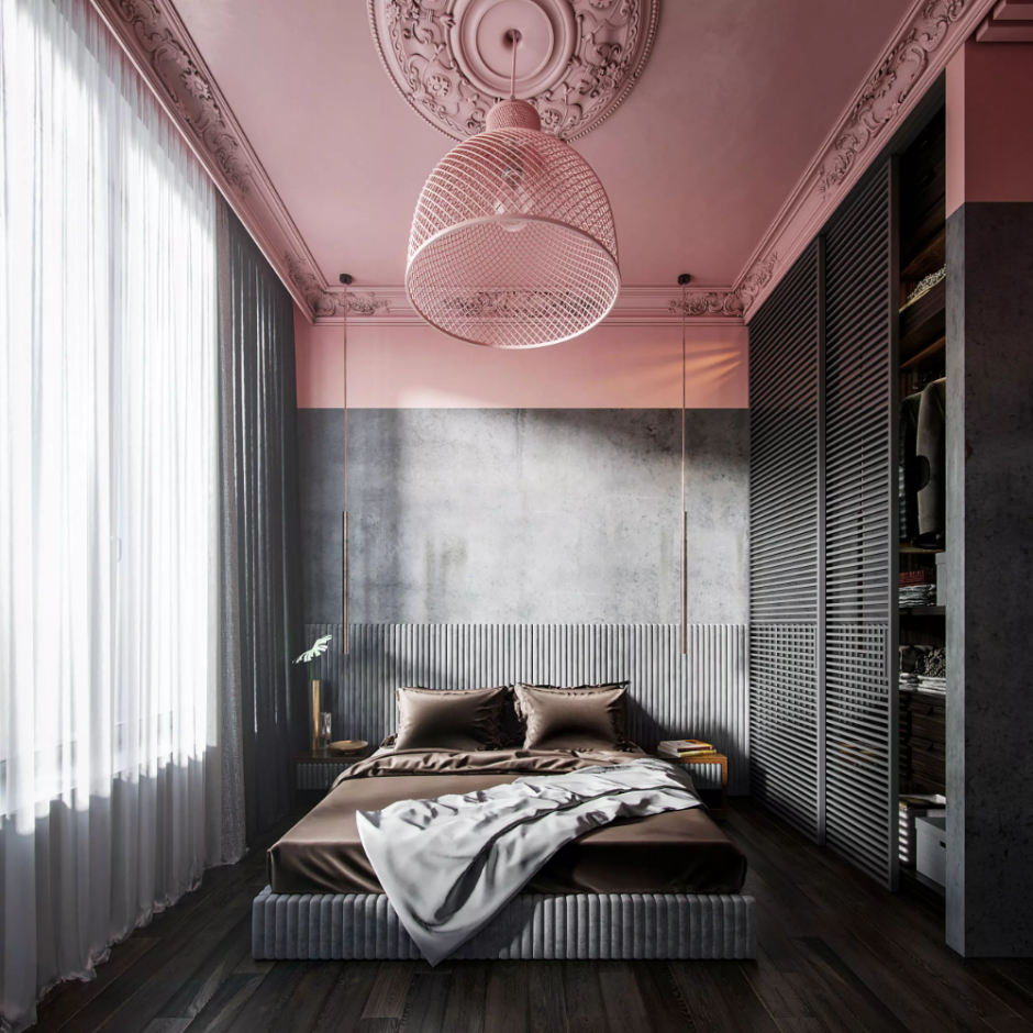 Серый потолок в спальне