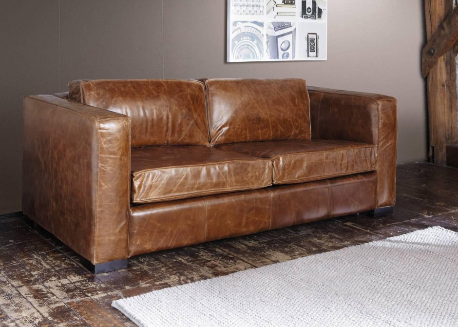 Кожаный коричневый диван лофт