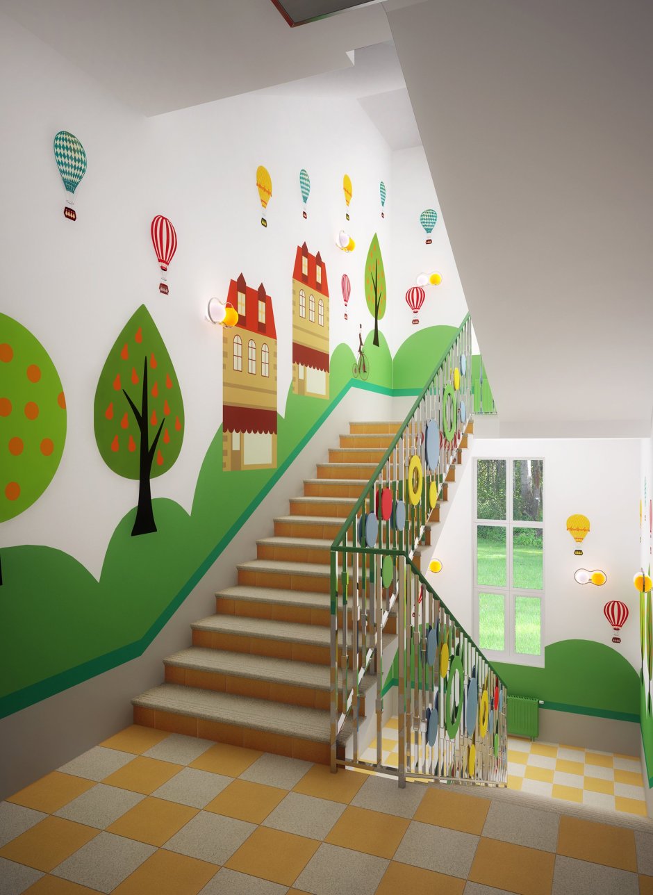 Оформление лестницы в детском саду | Настенная роспись, Фото декор стен, Детский сад