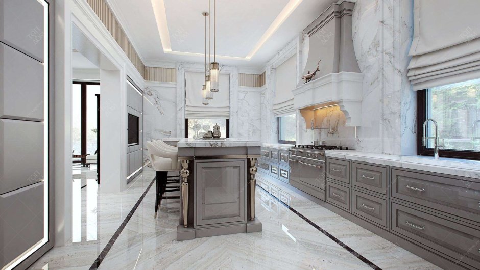 Белая кухня в современном стиле с мрамором