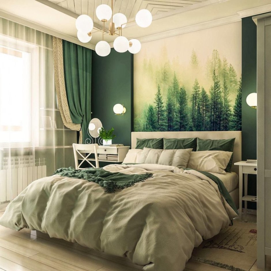 Шторы в спальню в современном стиле зеленые