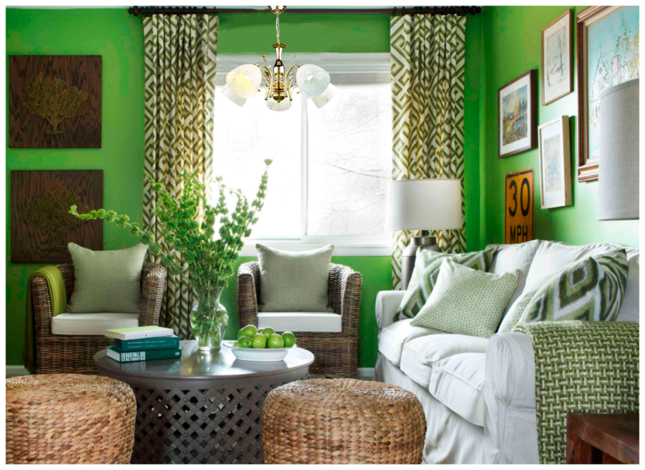 Серая спальня с зелеными шторами