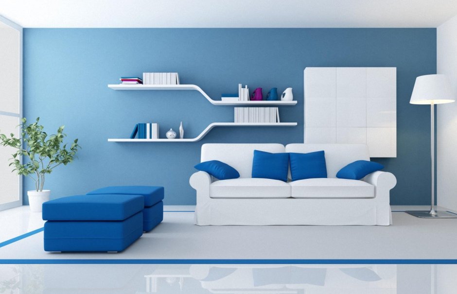 Голубые стены белая мебель