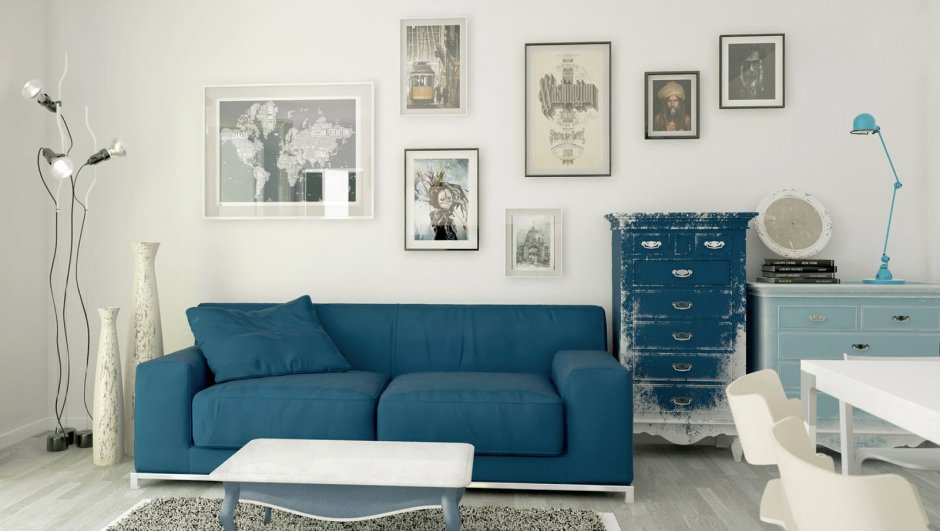Белые стены голубой диван