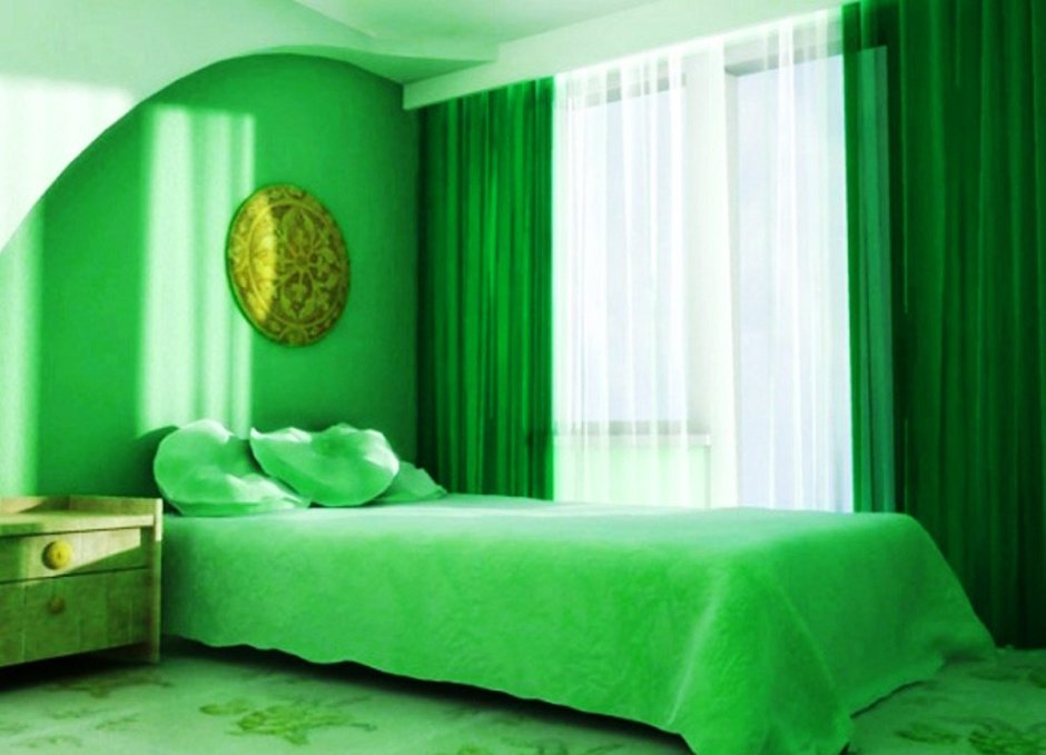 Зелёные шторы в интерьере гостиной